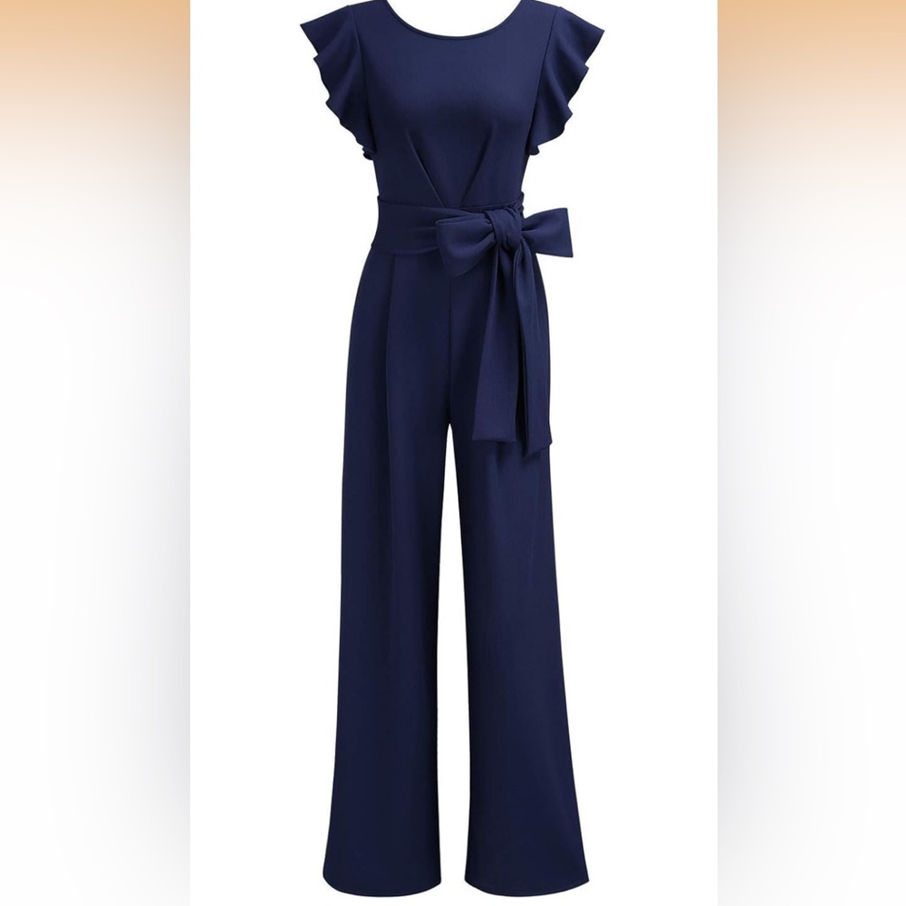 Knitee Navy Jump Suit with Tye at waist Sz M 8-10 capped sleeves. Spring Style
